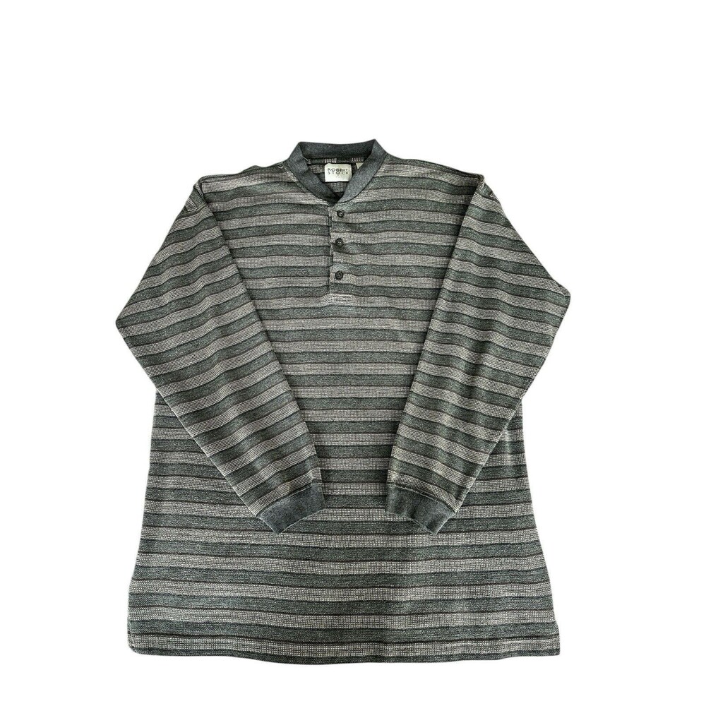 Vintage 90s Grunge Robert Stock Striped Henley Shirt Grey Long Sleeve Medium